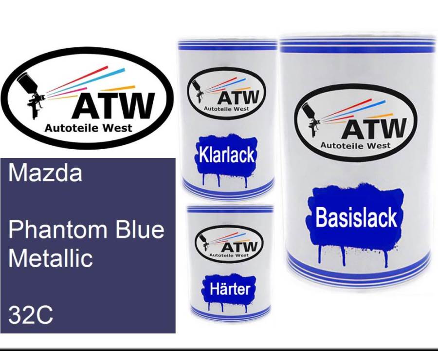 Mazda, Phantom Blue Metallic, 32C: 500ml Lackdose + 500ml Klarlack + 250ml Härter - Set, von ATW Autoteile West.